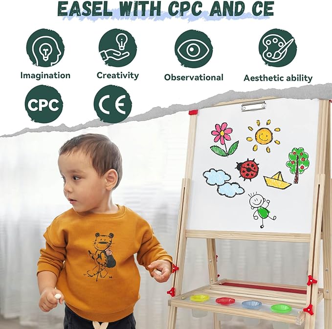 Easel for Kids,Adjustable Wooden Art Easel for Kids,114+ Art Supplies,Double Sided Magnetic Chalkboard and White Board for Kid,Drawing and Painting for Aged 2-4,5-7,8-12,2 Paper Rolls