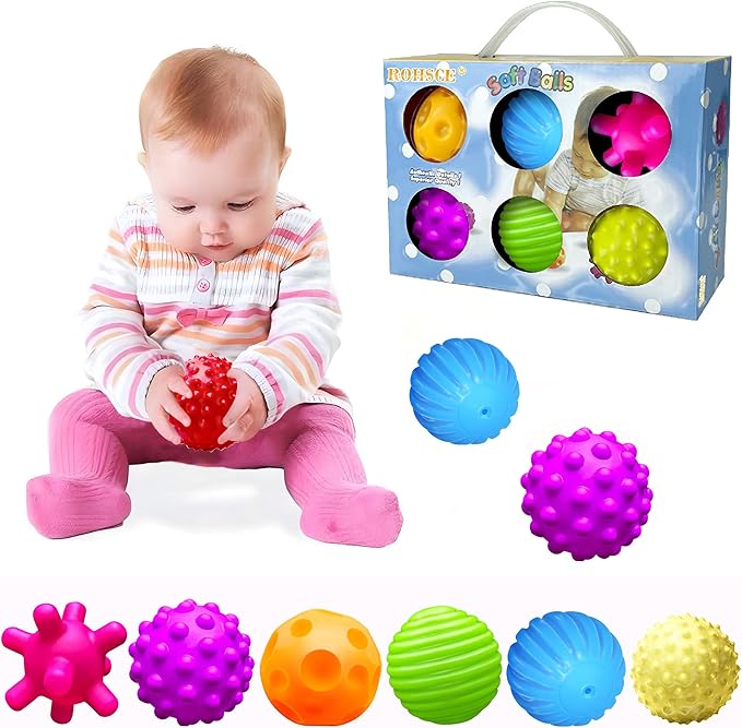 Baby Textured Multi Sensory Toys Massage Ball Gift Set BPA Free for Toddlers 1-3 Soft Balls Montessori Infant Baby Toys 6 to 12 Months 6 Pack