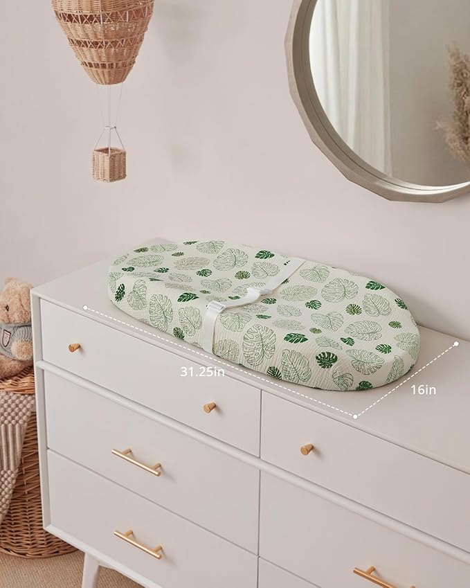 Blissful Diary Muslin Baby Changing Pad with Waterproof Lining Foam, Diaper Changing Table Pad with Cover for Dressers (Monstera, Avocado)