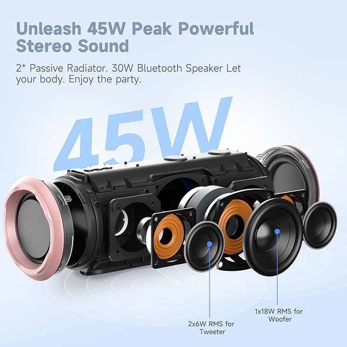 Bluetooth Speaker,30W Portable Wireless Speaker with TWS,IPX7 Waterproof, 8H Playtime, LED Lights,for Pool/Beach/Shower, Blue Gifts, Electronic Gifts