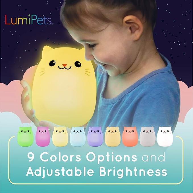 Lumipets Remote Control Silicone Night Light for Kids - Cat Design with 9 Soft Colors & Sleep Timer - Rechargeable, Battery-Operated Lamp for Bedroom | Baby Nursery, Toddler, Girls, Boys