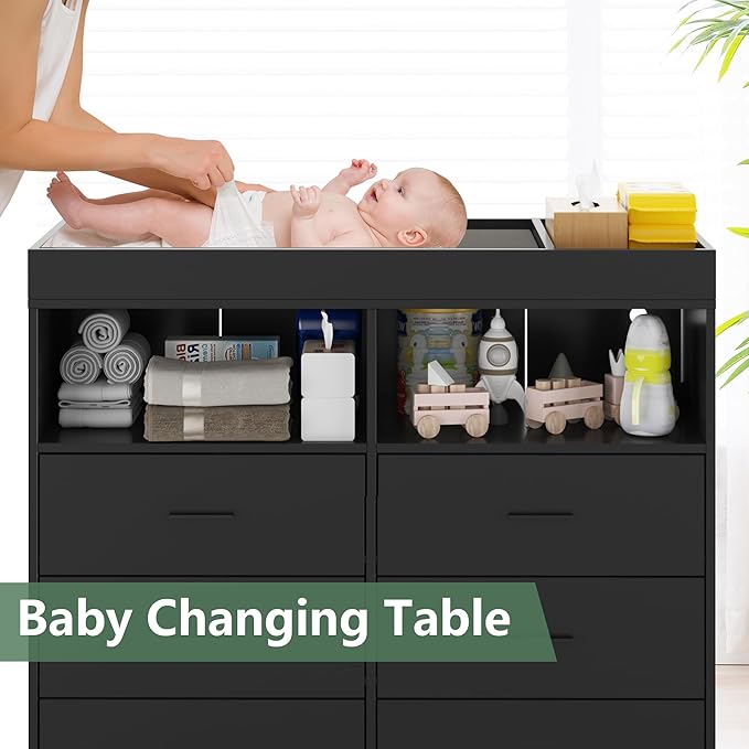 GarveeHome Dresser for Bedroom with 6 Drawers, Baby Changing Table Dresser with Changing Pad, LED Lights & Charging Station, Baby Changing Station with Changing Table Top, Black
