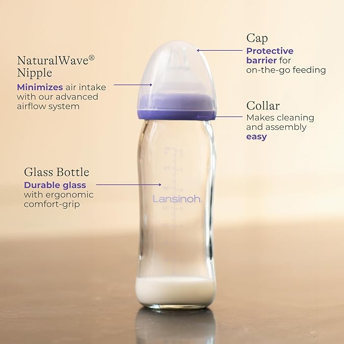 Lansinoh Anti-Colic Glass Baby Bottles, 8 Ounces, 4 Count Bottles for Feeding, Baby Essentials, Includes 4 Medium Flow Nipples, Size M