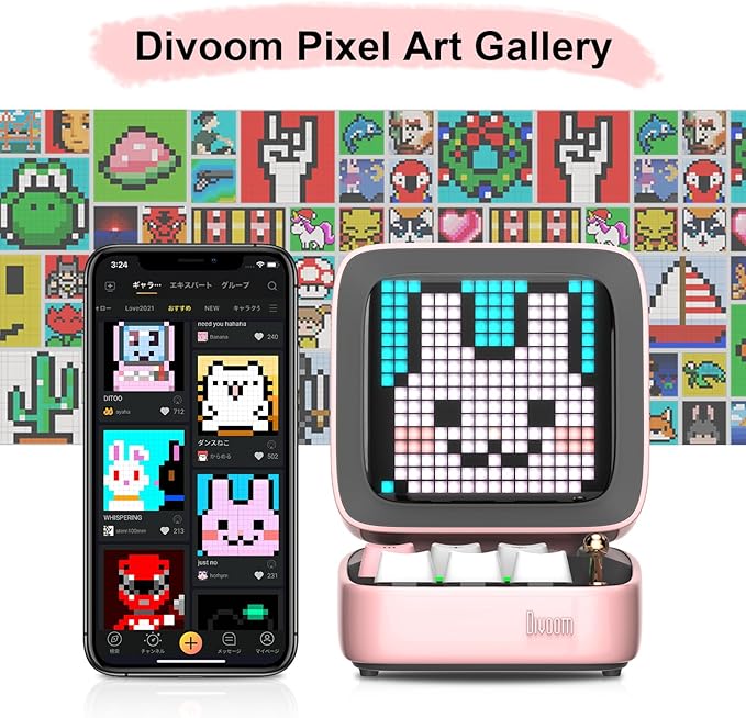 Divoom Ditoo Retro Pixel Art Game Bluetooth Speaker with 16X16 LED App Controlled Front Screen (Pink)