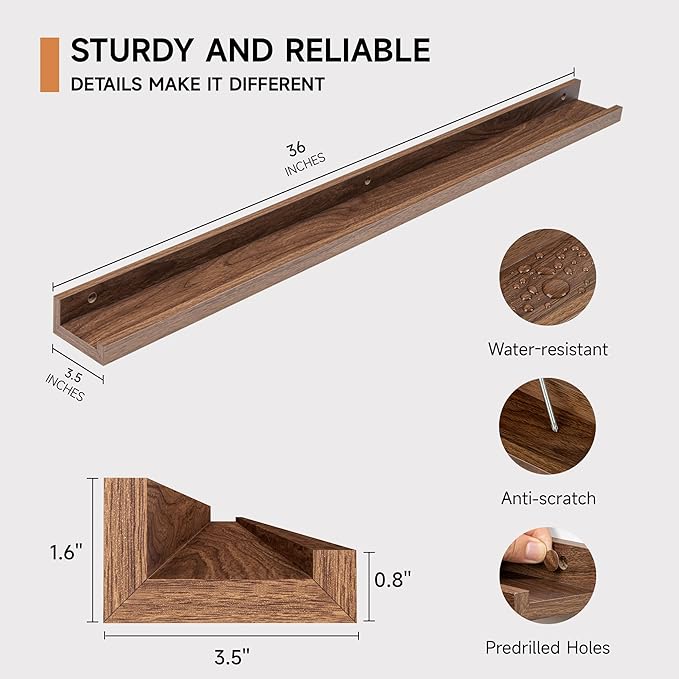 Fun Memories Picture Ledge Shelf, 36 Inch Floating Shelves Set of 2, Nursery Book Shelves for Toys Storage, Kids Bookshelf Wall Mounted for Wall Decor Books Photo Frames, Walnut