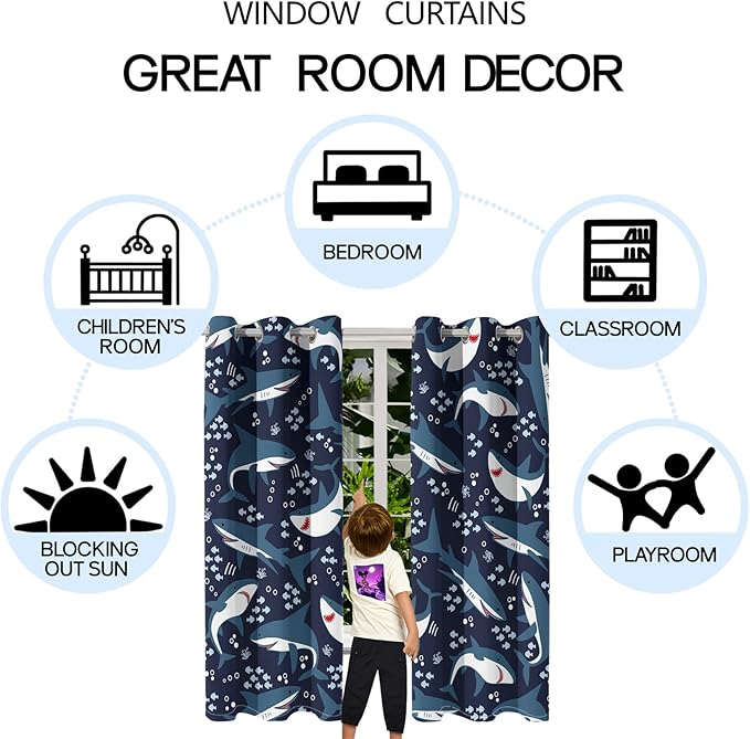 Shark Blackout Curtains 2 Panels 63" Inch Drapes Boys Curtains for Bedroom Cute Ocean Life Themed Grommet Top Thermal Insulated Boys Room Curtains for Nursery, Navy Blue, 82" x 63"