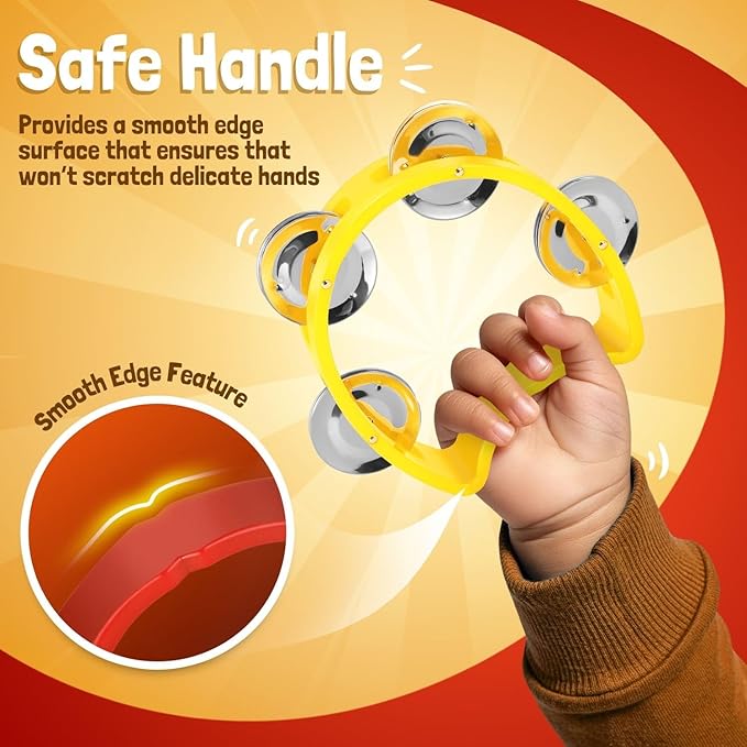 Flexzion Tambourine Hand Bell Percussion Musical Instruments Set of 2 Pack (Red /Yellow), Plastic Music Instrument Half Moon Mini D Handheld Shaker with 4 Pairs Jingle Bells