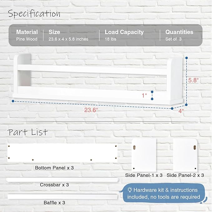 24 Inch White Wall Bookshelf for Kids Room, Floating Nursery Book Shelves Wall Mounted with Lip and Hanging Rod for Baby Girl Boy Bedroom, Large Corner Hanging Children Bookshelves -Set of 3