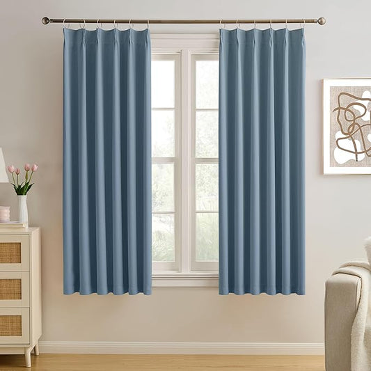 KEQIAOSUOCAI Dusty Slate Blue Blackout Curtains for Small Window, Pinch Pleat with Hooks, Room Darkening Block Out Bedroom Curtain 2 Panels,40 by 45 Inch