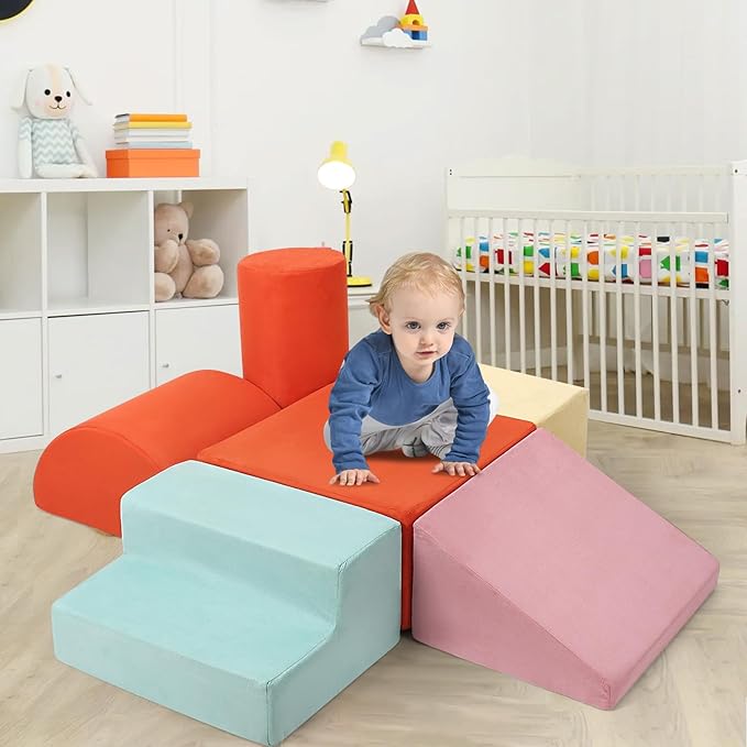 6-Piece Soft PU Leather Toddlers Climbing Toys, Baby Foam Climbing Blocks for Babies Toddlers, Waterproof Foam Play Gym Climber Structures for Toddler 3, Indoor Climb and Crawl Activity Play Set