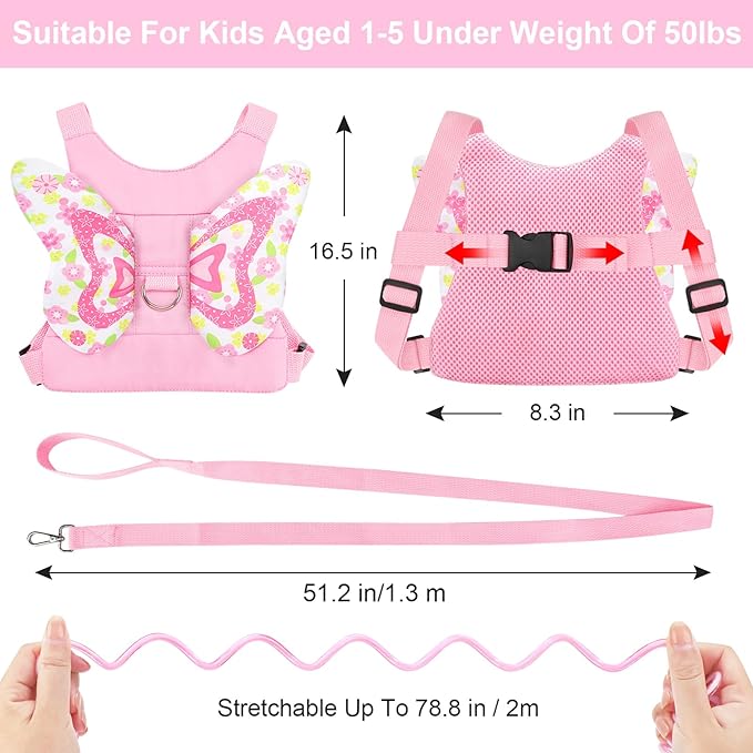 Accmor Toddler Harness Leash, 3 in 1 Cute Butterfly Kids Leash + Anti Lost Wrist Link, Adorable Child Walking Harness Wristband Assistant Soft Strap Belt Protector for Baby Girls to Outdoor Travel