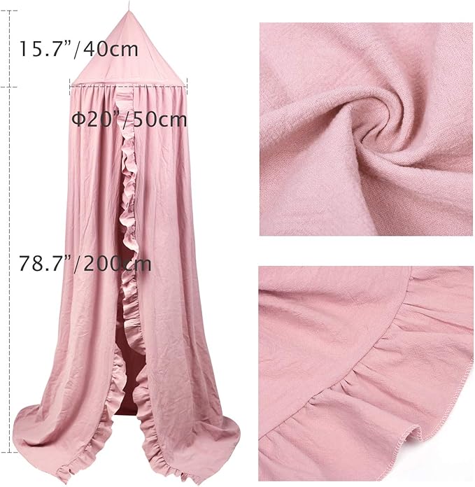 Bed Canopy with Frills Reading Nook Game Tent for Kids Boho Hanging Net Play Room Decor(Dusty Rose)