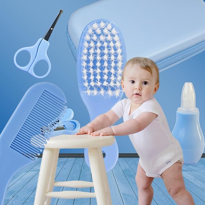 ZELINYE Baby Grooming Kit, 8 in 1 Baby Hair Brush/Nail Clipper/Nose Cleaner/Finger Toothbrush/Nail Scissors/Manicure Kit for Baby Care Keep Healthy and Clean(Blue)
