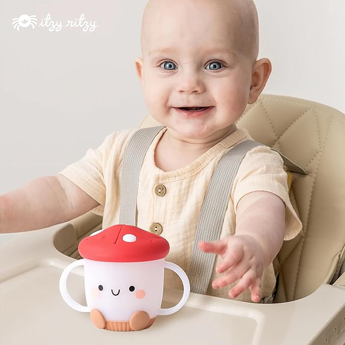 Itzy Ritzy Toddler Snack Cup - Spill-Proof Snack Cup for Toddlers with Soft Silicone Lid for Easy Food Access - Easy-To-Hold Kids Snacks Container With Handles - Ideal for 12 months & Up (Mushroom)