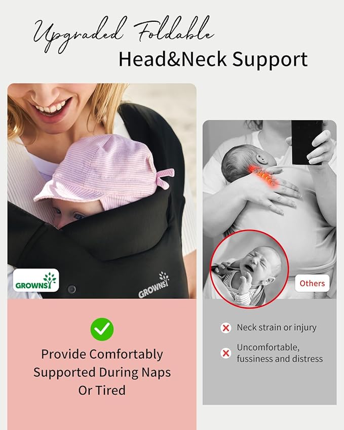 GROWNSY Baby Carrier Newborn to Toddler, Cozy Baby Wraps Carrier, Ergonomic Baby Carrier with Head Support, Black