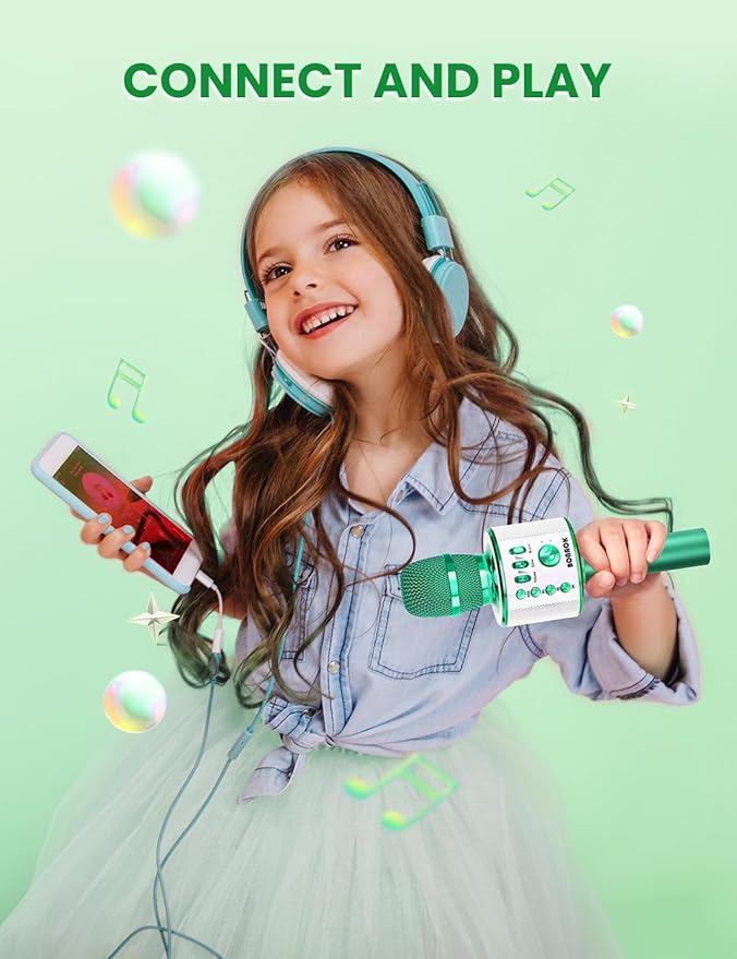 BONAOK Wireless Bluetooth Karaoke Microphone, 3-in-1 Portable Handheld Mic Speaker for All Smartphones, Gifts for Boys Kids Adults All Age Q37(Green)