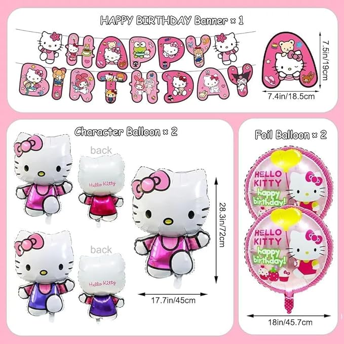 49Pcs - Kitty Birthday Party Decorations Set, Pink Theme with Banner, Balloons, Tablecloth, Cake Toppers.