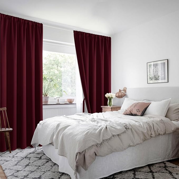 XWZO 100% Blackout Curtains with Tiebacks - Heat and Light Blocking Rod Pocket Window Drapes with Black Liner Backing for Bedroom Sewn with Tiebacks, Burgundy, W52 x L72, Set of 2