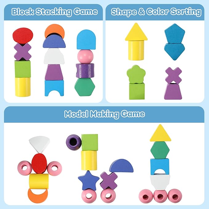 3 in 1 Montessori Wooden Beads Sequencing Toy Set - Color Sorting Stacking Geometric Shape Matching Game Beads Sequencing Toy Lacing Beads Stem Fine Motor Skills for Toddlers