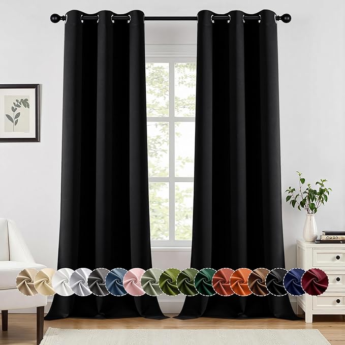 MIULEE Black Blackout Curtains for Bedroom Living Room 96 Inches Long 2 Panels, Thermal Insulated Room Darkening Drapes Solid Grommet Top Noise Reduction Light Blocking Halloween Window Treatments