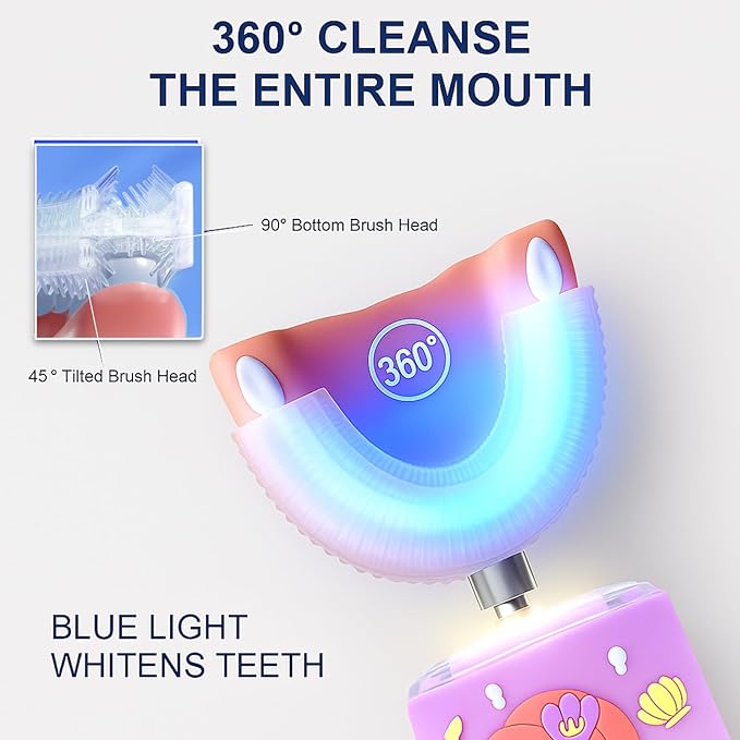 Kids Electric Toothbrush, U Shaped Toothbrush Kids Sonic Automatic Brush with 5 Brush Head 6 Sonic Clean Modes IPX7 Waterproof Mermaid Design Rechargeable Smart Timer for Children 2-7