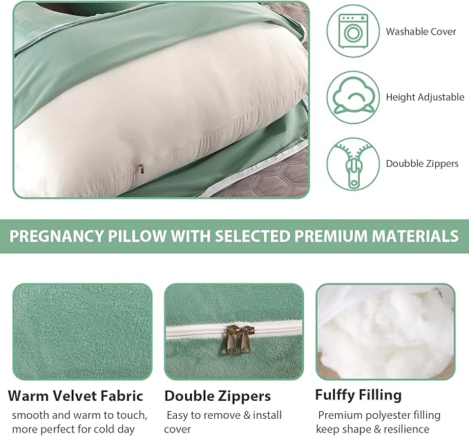 Amagoing 55 inches Pregnancy Pillows for Sleeping, U Shaped Maternity Full Body Pillow for Pregnant Women with Hip, Leg, Back, Belly Support, Washable Velvet Cover Included (Mint Green)