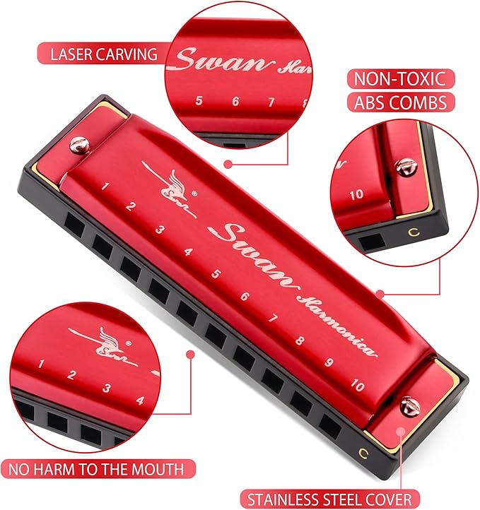 SWAN Blues Harmonica Key of C Mouth Organ Diatonic Harmonica with Case, 10 Hole 20 Tones Stainless Blues Harp for Adults, Beginners(Burgundy Red)