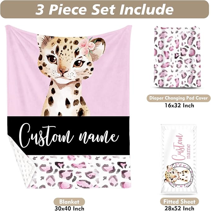 Custom Name Crib Bedding Set - Pink Leopard Theme, Personalized Nursery Bedding 3-Piece Set– Soft Blanket, Fitted Sheet, Changing Pad Cover – for Newborns Girls Nursery Gifts