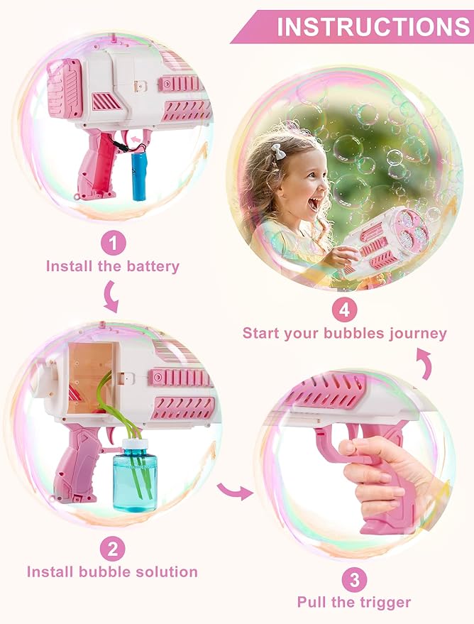 Upgraded Bubble Machine Gun - Auto Bubble Blower, 8000+ Bubbles Per Minute for Kids & Adults Indoor/Outdoor Party - Pink
