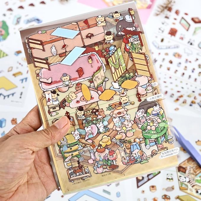 20 Sets DIY 3D Sticker Scenes for Adults Relief Stress, Cute Kawaii 3D House Sticker Therapy for Women Teen Girls Kids Pass The Time, Make Your Own Mini Room Scene Collection Book with Tweezer