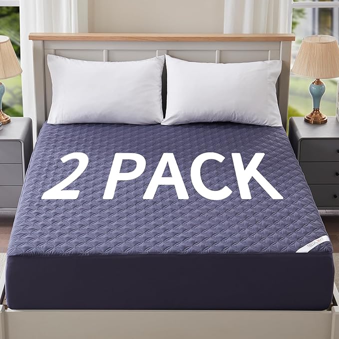 2 Pack Waterproof Mattress Protector, King Size Mattress Pad with Deep Pocket 6"-18" Depth, Soft Breathable Dirt-Proof Single Bed Mattress Cover for Bedroom, Dorm Room (Navy Blue)