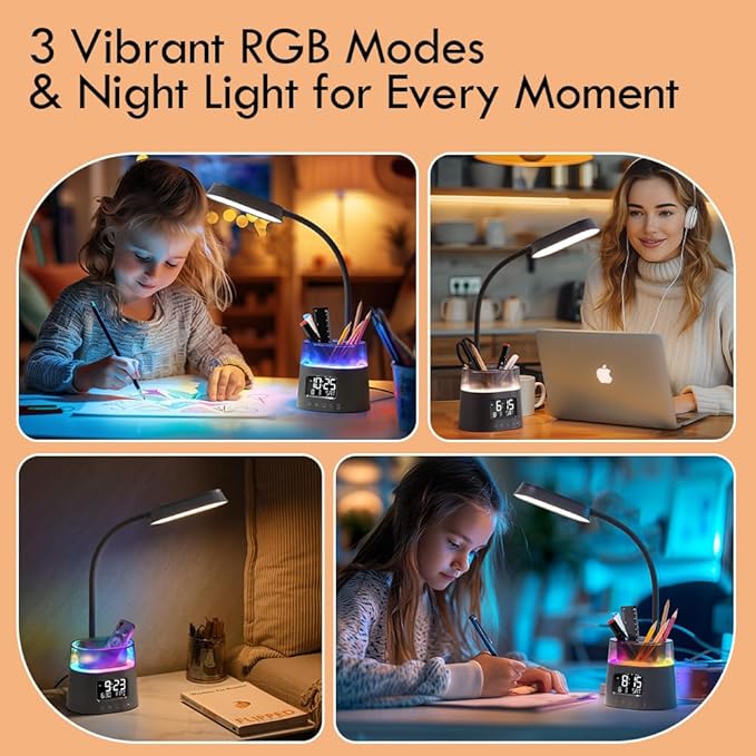 WILIT LED Desk Lamp for College Dorm Room Essentials, Students Study Lamp with Charging Station, Pen Holder, Clock & RGB Night Light, Office Desk Accessories, Table Lamp for Bedroom - Gray