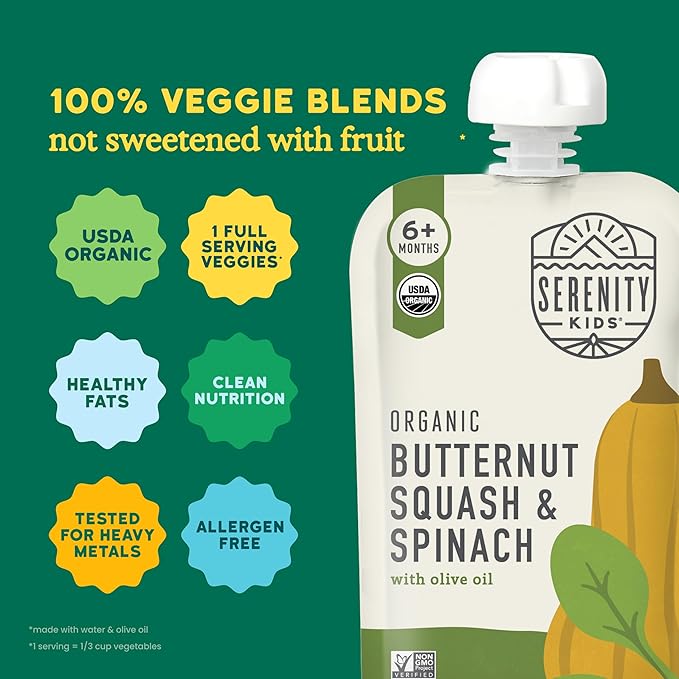Serenity Kids 6+ Months Veggie Puree Baby Food Pouches - Butternut Squash & Spinach - USDA Organic No Added Sugar Allergen Free BPA-Free - Healthy Toddler Food - 3.5 Oz, 12 Pack