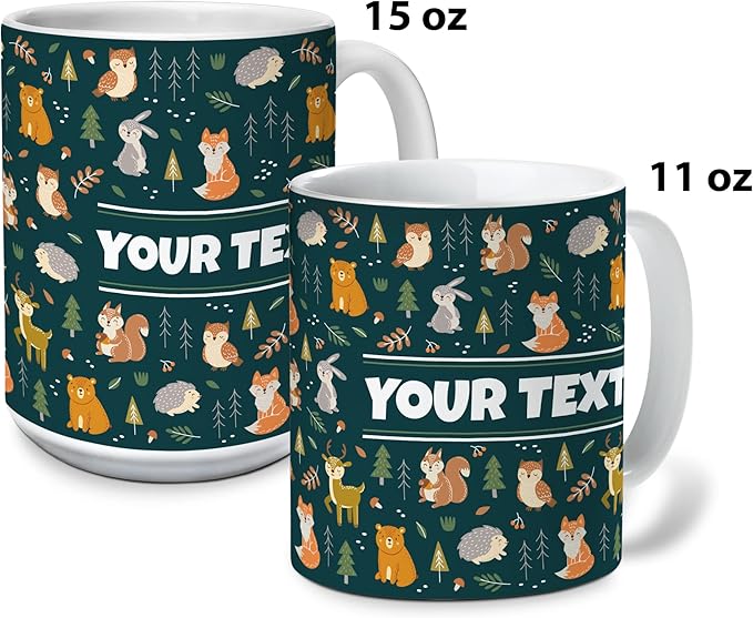 Personalized Mug for Kids - Woodland Animals - Custom Name/Text, Ceramic Hot Chocolate/Coffee Cup for Boys/Girls, Birthday/Christmas/Holiday Gift - 11 oz, Navy Blue Handle