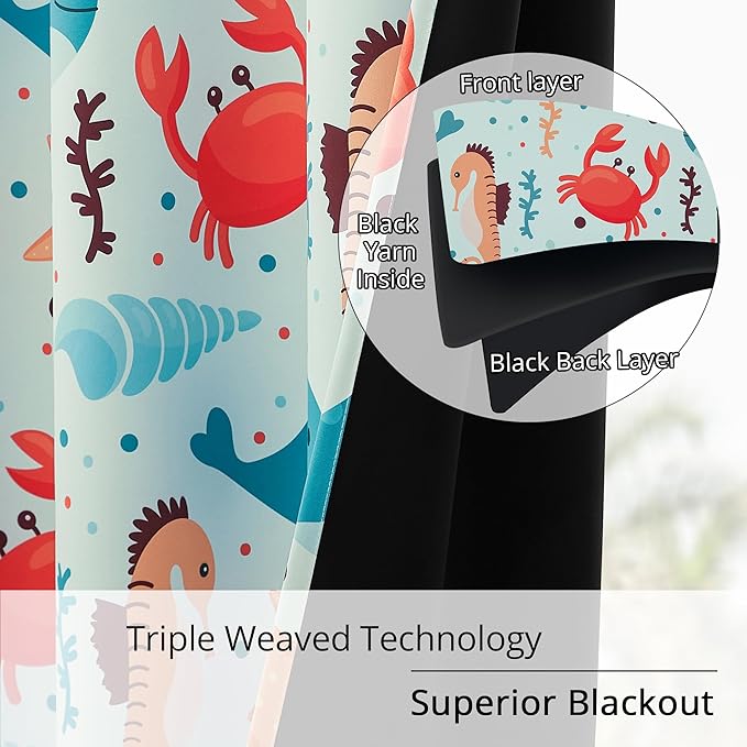Kids Blackout Curtains - Ocean Whale Design, 100% Blackout, 2 Panels, Each W52×L84, Thermal Insulated for Bedroom, Noise Reducing, Excellent Colorfastness, Dive into an Underwater Adventure