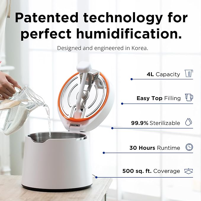 Carepod 31S Stainless Steel Humidifier for Large Room, Quiet & Safe for Baby, Only 3 Washable Parts & Easy to Clean, Ultrasonic Cool Mist Humidifiers for Bedroom, Filter-Free, Lasts 30Hrs (1Gal/4L)