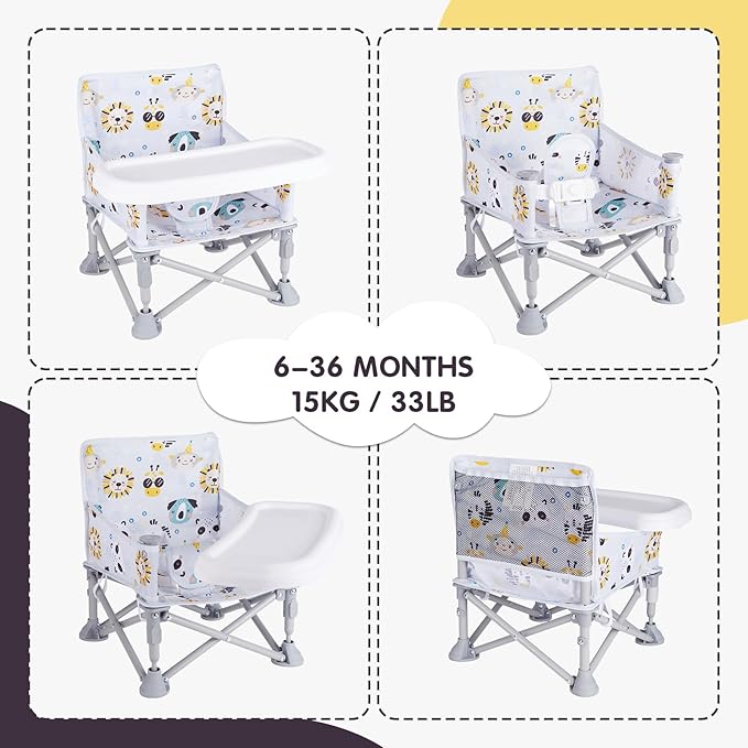 Portable Booster Seat, Toddler Baby Seat with Tray for Dining Table Compact Floor Chair for Camping Lawn Beach Babies Travel 6-36 Months