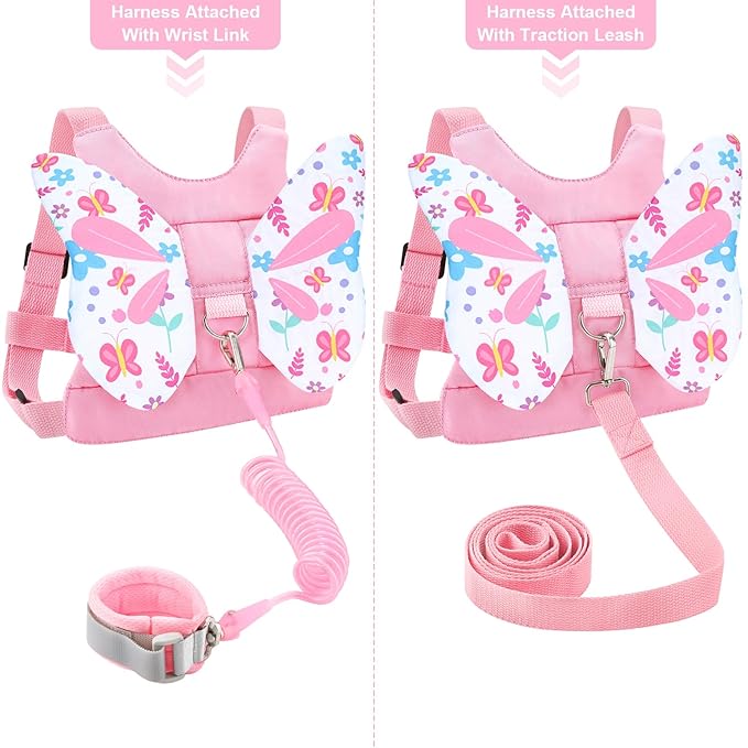 Accmor Toddler Harness Leash, 3 in 1 Cute Butterfly Kids Leash + Anti Lost Wrist Link for Outdoor Travel, Adorable Child Walking Harness Wristband Assistant Strap Belt Protector for Baby Girls (Pink)