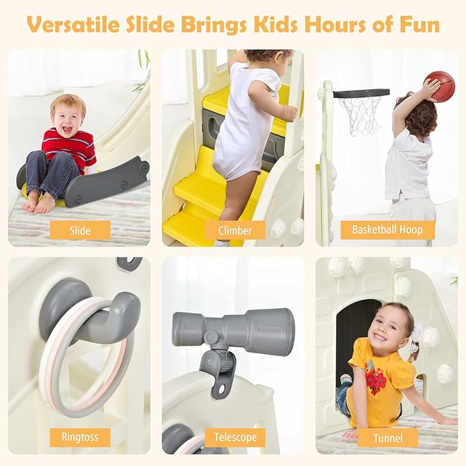 BABY JOY Toddler Large Slide, 6 in 1 Slide for Kids with Basketball Hoop, Ring Toss, 2 in 1 Convertible Climbing Way, Freestanding Kids Slide Climber Set for Indoors Outdoor Boys Girls Gifts Present