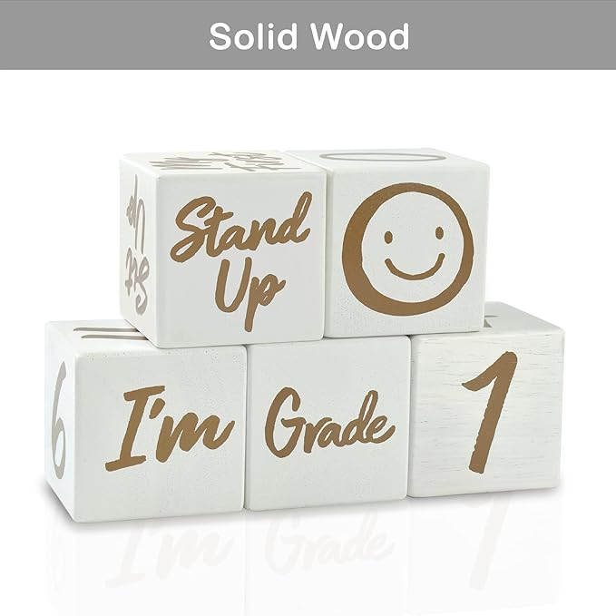 I'm Solid Wood Weekly Monthly Yearly Baby Milestone Age Blocks, Gender Neutral, Newborn Gifts & Keepsakes for Picture Props (5 Pcs/White)