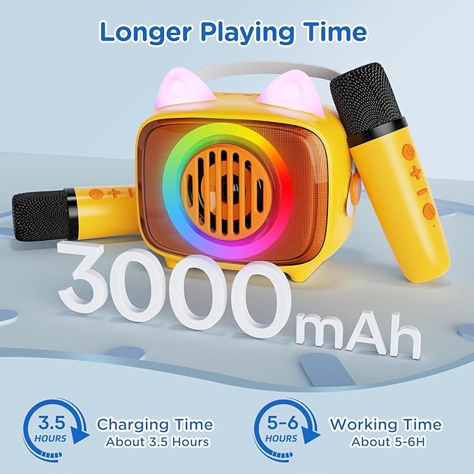 BIGASUO Karaoke Machine for Kids, Mini Portable Bluetooth Speaker with 2 Wireless Microphones and LED Lights, Kids Toys Ideal Gifts for Girls & Boys Birthday Home Party Yellow-2Pack