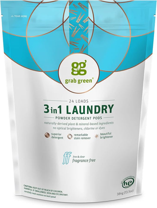 Grab Green 3-in-1 Laundry Detergent Pods, 24 Count, Fragrance Free, Plant and Mineral Based, Superior Cleaning Power, Stain Remover, Brightens Clothes