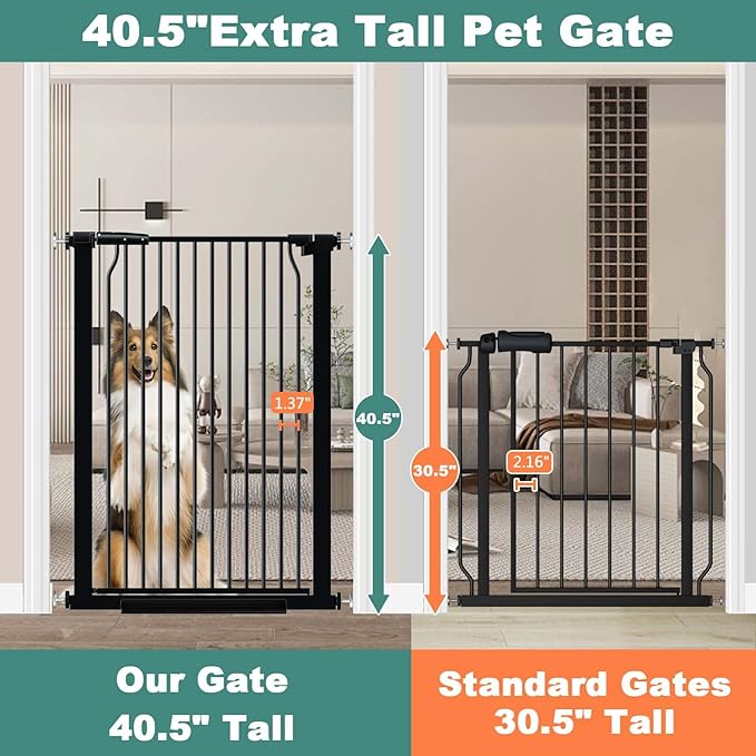 40.5" Extra Tall Baby Gate for Doorways, 54.8"-57.4" Extra Wide Pet Gate Pressure Mounted, Narrow Space Puppy Barrier Gates Indoor, No Drill Metal Safety Child Gate No Climb, Black