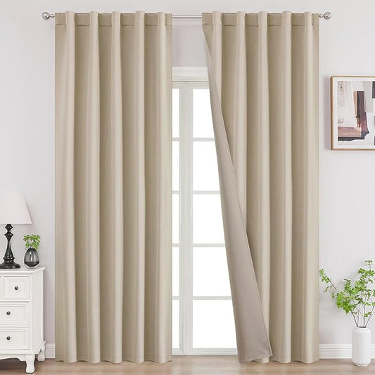 Joydeco Blackout Curtains 96 Inches Long, Thermal Insulated Black Out Curtains 2 Panels Set for Bedroom, Room Darkening Drapes for Living Room Window (W37 x L96 Inch, Light Beige)