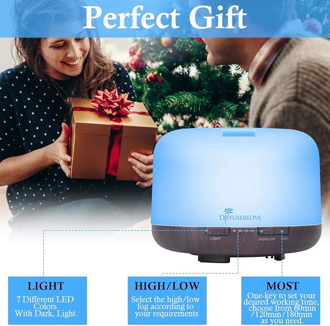 Diffuserlove Essential Oil Diffuser 500ML Aromatherapy Diffuser Mist Humidifiers 7 Color LED Lights Diffusers for Home Office Bedroom (Size:6.7" L x 6.7" W x 4.7" H)