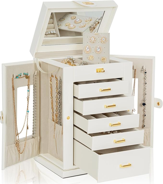 AKOZLIN Jewelry Box 6-Tier Organizer Functional 360° Rotating Jewelry Storage Case for Women Girls Ring Necklace Earring Bracelet Holder with Mirror