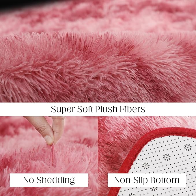 4x5.8 Area Rug, Fluffy Rugs for Living Room, Plush Carpet Rugs for Bedroom, Non-Slip Indoor Rug for Nursery, Study Room, Playroom, Home Decor, Tie-Dyed Dark Pink