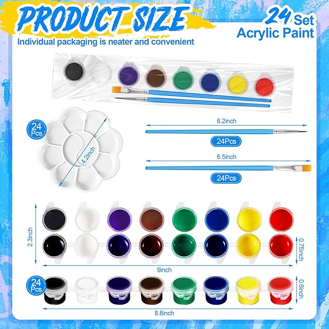 Fulmoon 24 Set Acrylic Paint Kits for Kids Adults Washable Mini Painting Kit Arts Crafts Party Favors Filled Strips Brushes Palettes Bulk for Classroom Home Kit Supplies (Fresh Color)