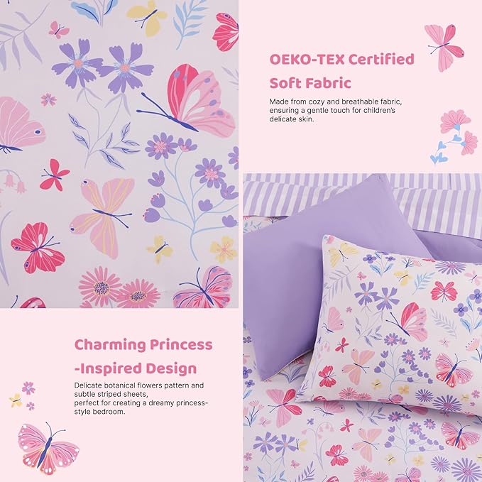 Queen Comforter Set with Sheets for Girls-7 Pieces Queen Bedding Sets with Pink Comforter, Sheets, Pillowcases & Shams for Kids (Cute Botanical Flowers, 90" X 90")