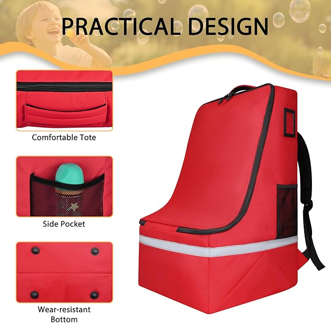Car Seat Travel Bag for Airplane,Infant Seat Travel Bag with Shoulder Strap,Padded Car Seats Backpack with Reflective Stripes,Large Carseat Carrier Bag Travel Car Seat Cover, Red
